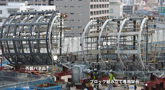 鉄骨、外装材(サッシュ枠、外装パネル)などを一体化させた個別ブロックをつくります
