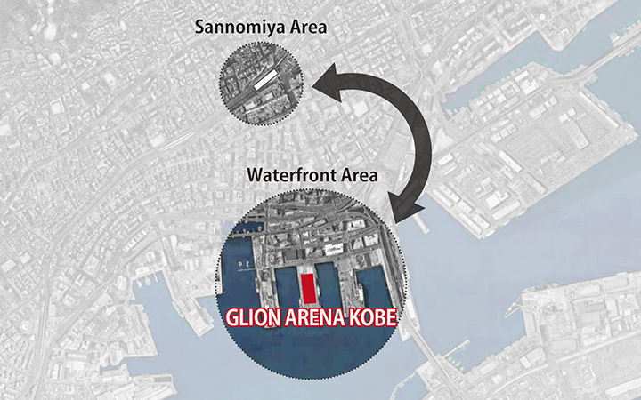Location diagram of GLION ARENA KOBE between the Sannomiya and waterfront areas